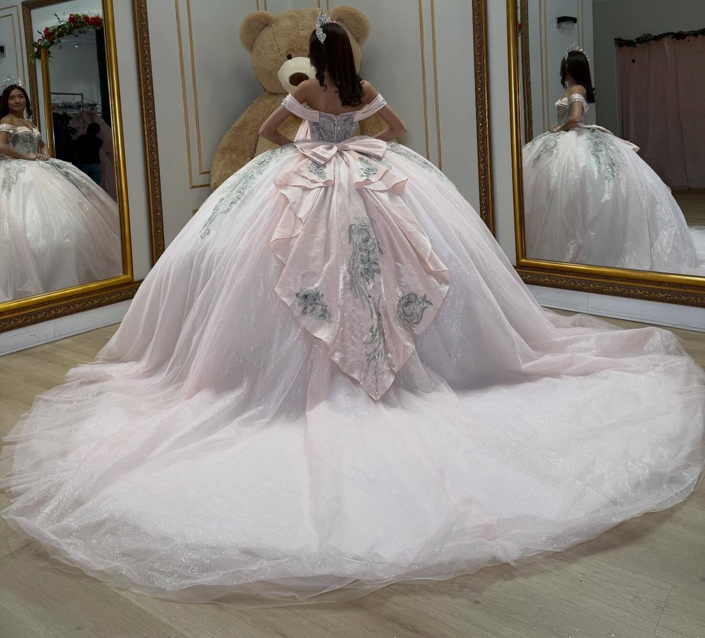 Off Shoulder Pink Glittery Tulle Lace Sweet 16 Quinceanera Dresses for Birthday HE1579