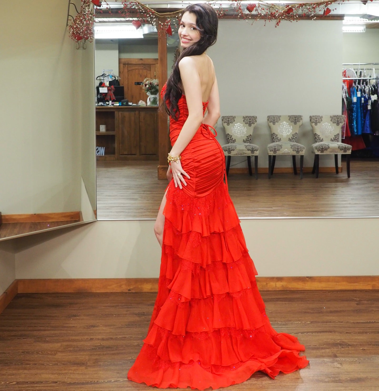 Strapless Mermaid Chiffon Tiered Long Prom Dresses Sweetheart Corset Party Gowns HE1583