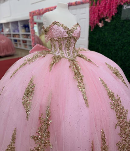 Off Shoulder Princess Pink Lace Appliqued Sweet 15 Quinceanera Dresses HE1554