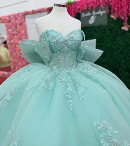 Glittery Tulle Lace Appliqued Beaded Green Quinceanera Dress for Sweet 16 HE1553