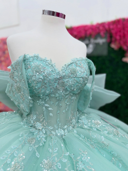 Glittery Tulle Lace Appliqued Beaded Green Quinceanera Dress for Sweet 16 HE1553