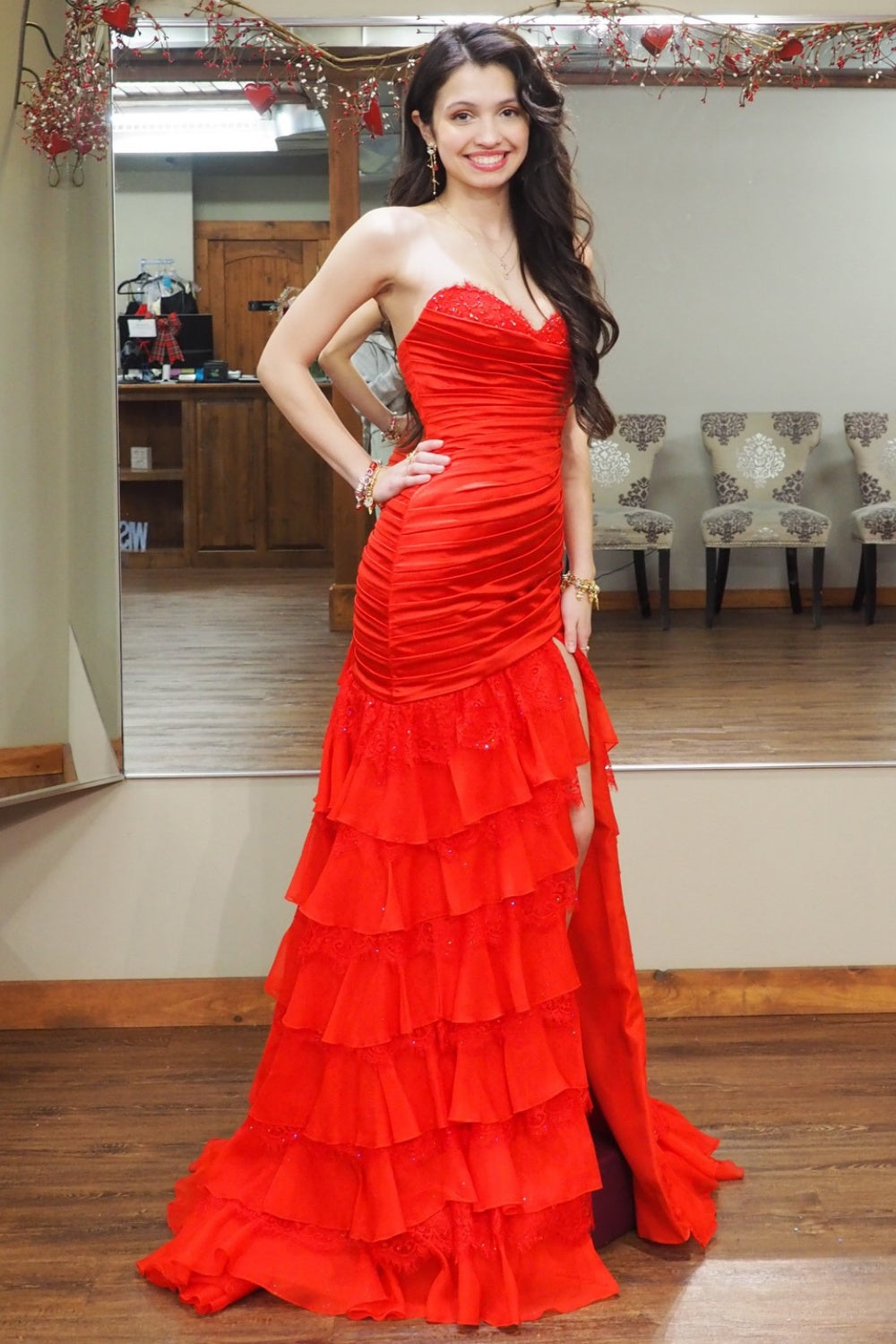 Strapless Mermaid Chiffon Tiered Long Prom Dresses Sweetheart Corset Party Gowns HE1583