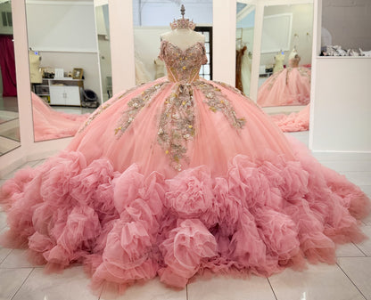 Princess Ball Gown Pink Tulle Lace Appliqued Ruffled Quinceanera Dresses HE1555