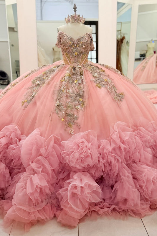 Princess Ball Gown Pink Tulle Lace Appliqued Ruffled Quinceanera Dresses HE1555