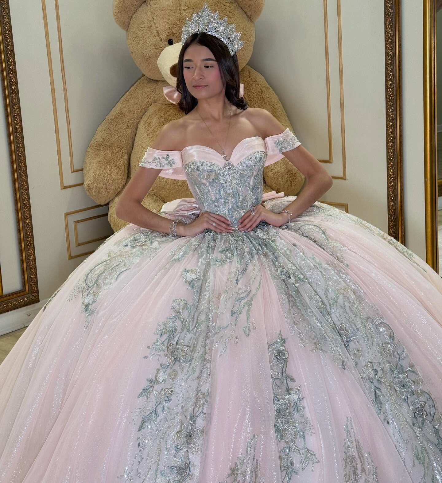 Off Shoulder Pink Glittery Tulle Lace Sweet 16 Quinceanera Dresses for Birthday HE1579