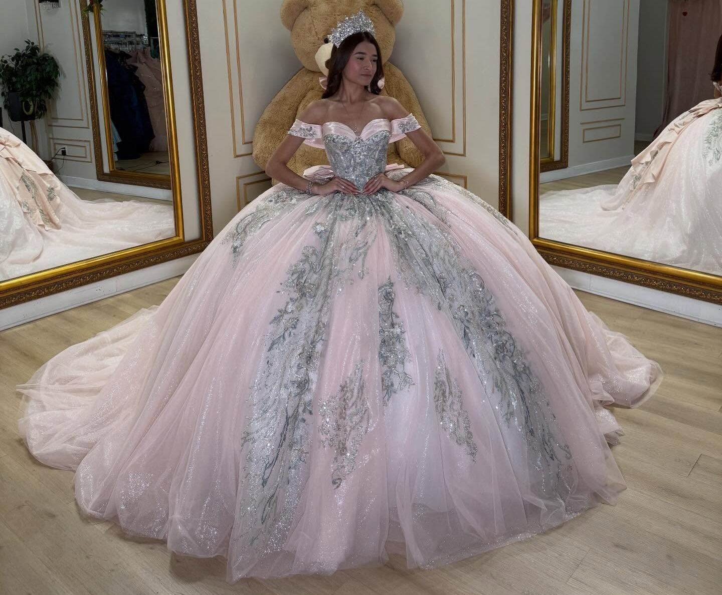 Off Shoulder Pink Glittery Tulle Lace Sweet 16 Quinceanera Dresses for Birthday HE1579