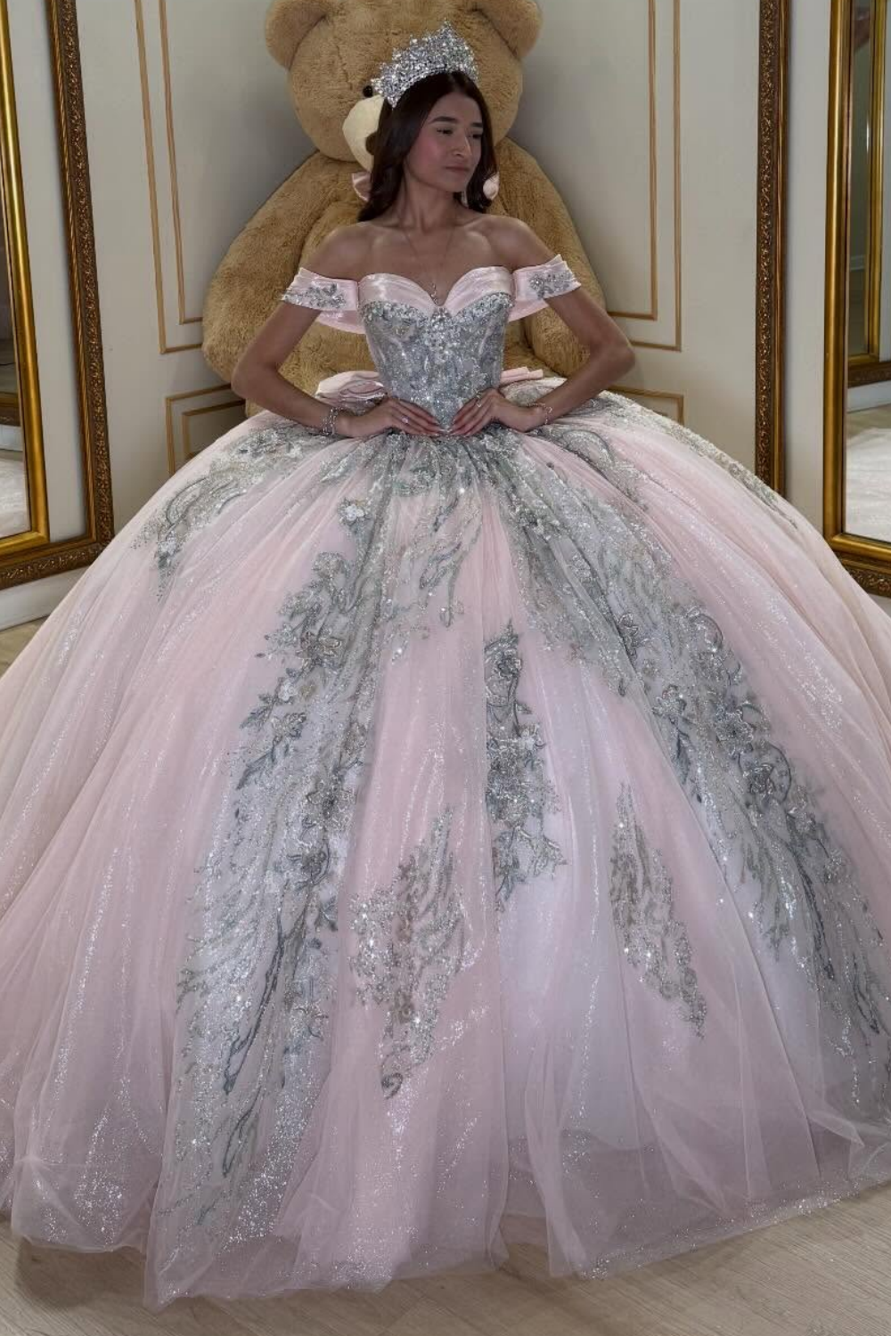 Off Shoulder Pink Glittery Tulle Lace Sweet 16 Quinceanera Dresses for Birthday HE1579
