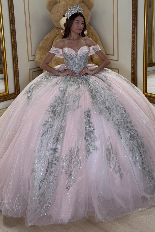 Off Shoulder Pink Glittery Tulle Lace Sweet 16 Quinceanera Dresses for Birthday HE1579