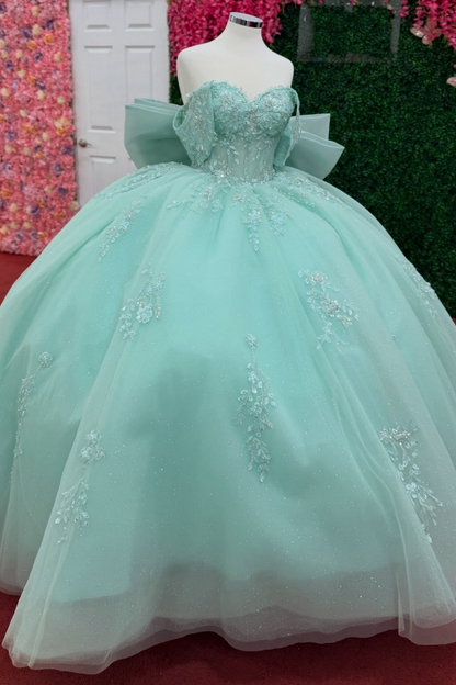 Glittery Tulle Lace Appliqued Beaded Green Quinceanera Dress for Sweet 16 HE1553
