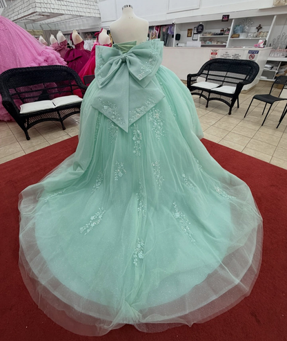 Glittery Tulle Lace Appliqued Beaded Green Quinceanera Dress for Sweet 16 HE1553