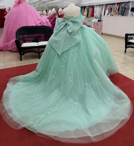 Glittery Tulle Lace Appliqued Beaded Green Quinceanera Dress for Sweet 16 HE1553