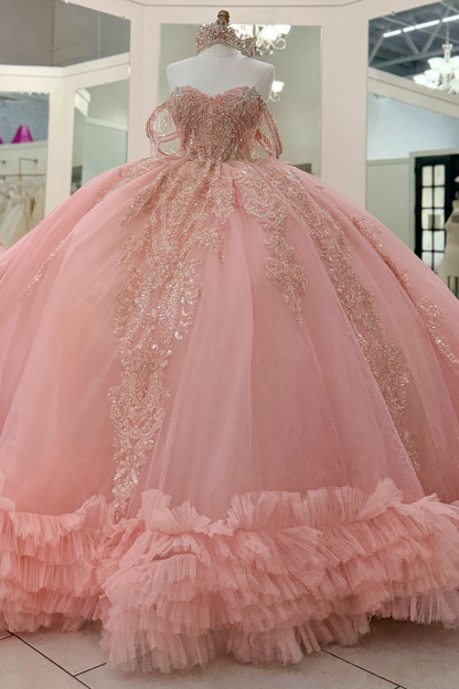 Tulle Lace Appliqued Pink Off Shoulder Sweet 16 Quinceanera Dresses with Tiered HE1607