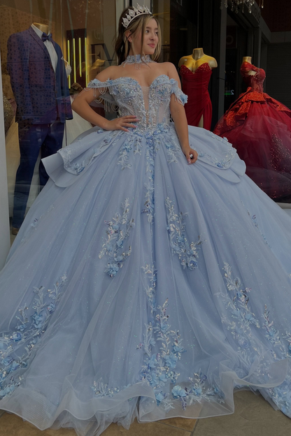 Ball Gown Lace Appliqued Blue Quinceanera Dresses Sweet 16 Birthday Party Gowns HE1937