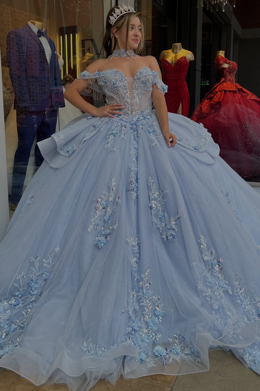 Vestidos de quinceañera con hombros descubiertos, tul princesa, apliques, vestidos de quinceañera HE530