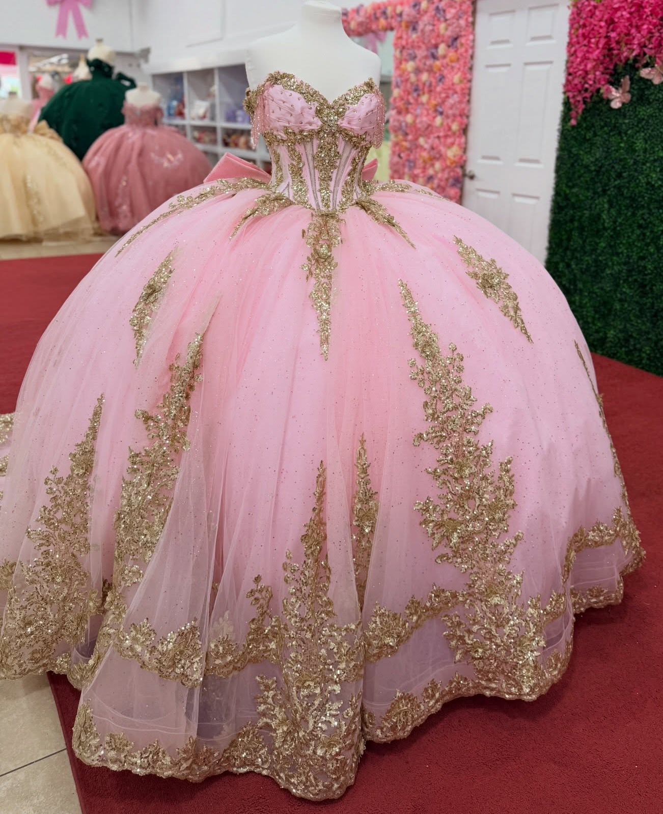 Off Shoulder Princess Pink Lace Appliqued Sweet 15 Quinceanera Dresses HE1554