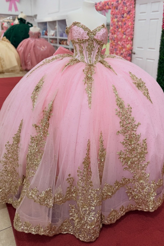 Off Shoulder Princess Pink Lace Appliqued Sweet 15 Quinceanera Dresses HE1554