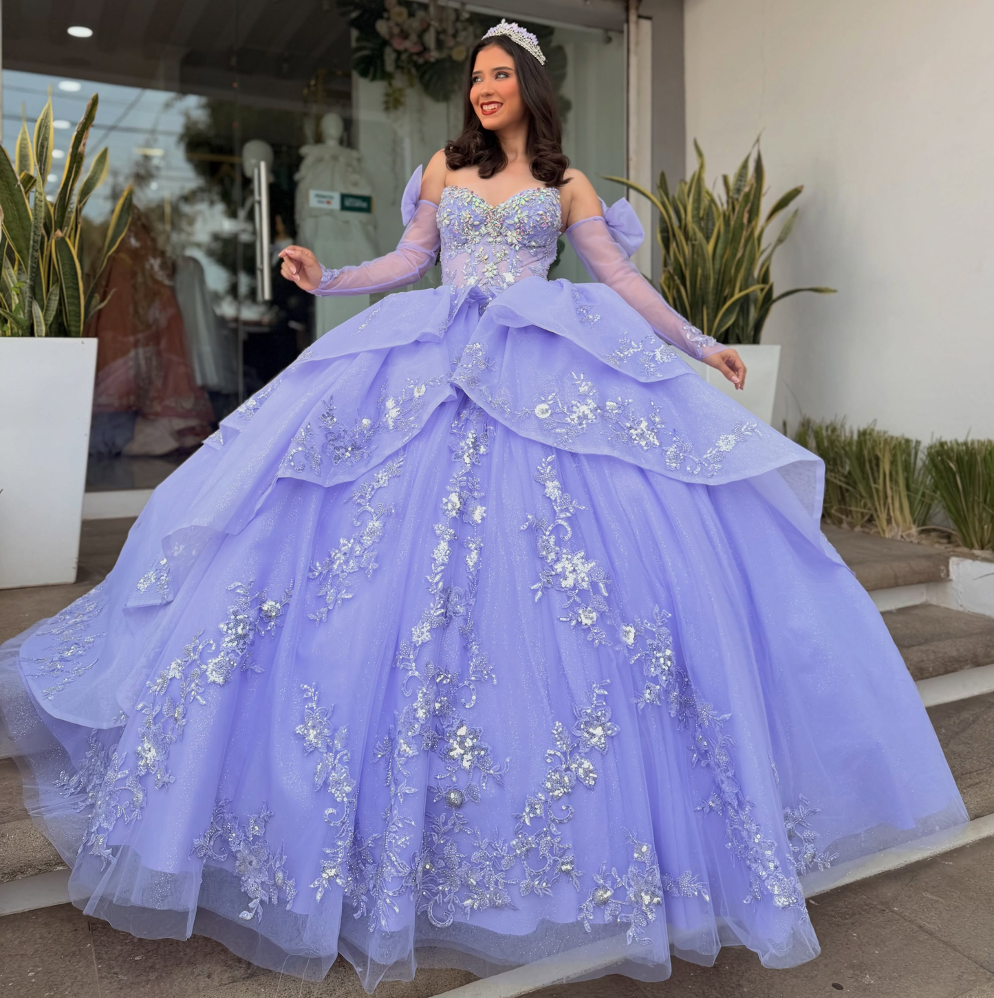 Long Sleeves Princess Tulle Appliqued Ruffled Lilac Quinceanera Dresses for Sweet 16 HE1596
