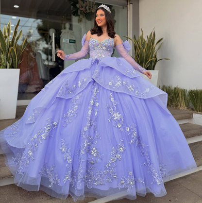 Long Sleeves Princess Tulle Appliqued Ruffled Lilac Quinceanera Dresses for Sweet 16 HE1596