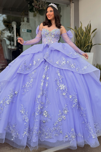 Long Sleeves Princess Tulle Appliqued Ruffled Lilac Quinceanera Dresses for Sweet 16 HE1596