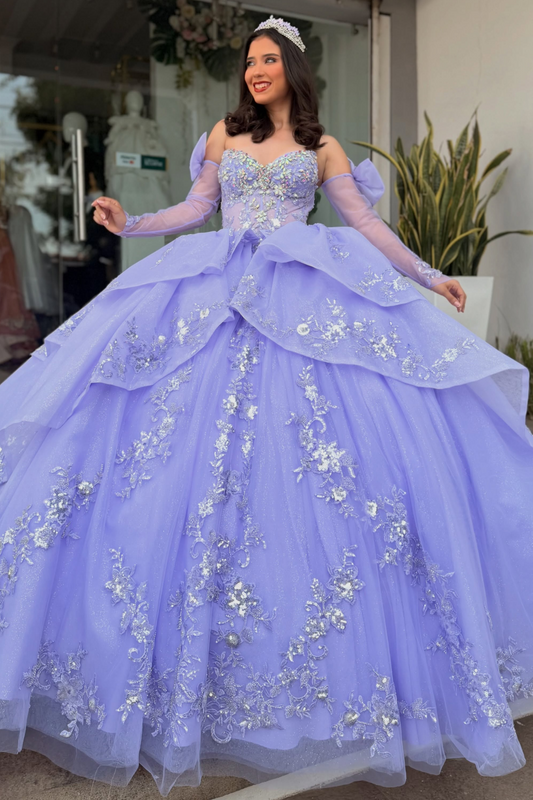Vestidos de quinceañera con hombros descubiertos, tul princesa, apliques, vestidos de quinceañera HE530