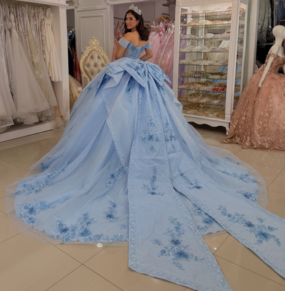 Princess Off Shoulder Tulle 3D Flower Appliqued Blue Quinceanera Dresses for Sweet 16 HE1600