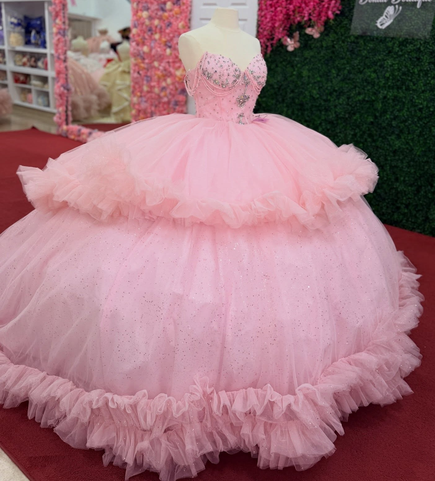 Off Shoulder Pink Tulle Ruffled Quinceanera Dresses Princess Sweet 15 Party Gown HE1558