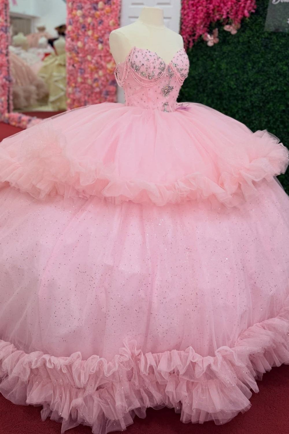 Off Shoulder Pink Tulle Ruffled Quinceanera Dresses Princess Sweet 15 Party Gown HE1558