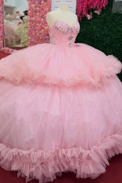 Off Shoulder Pink Tulle Ruffled Quinceanera Dresses Princess Sweet 15 Party Gown HE1558