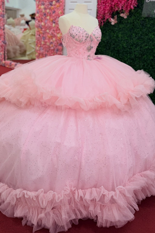 Off Shoulder Pink Tulle Ruffled Quinceanera Dresses Princess Sweet 15 Party Gown HE1558