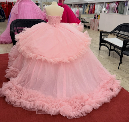 Off Shoulder Pink Tulle Ruffled Quinceanera Dresses Princess Sweet 15 Party Gown HE1558