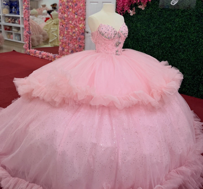 Off Shoulder Pink Tulle Ruffled Quinceanera Dresses Princess Sweet 15 Party Gown HE1558