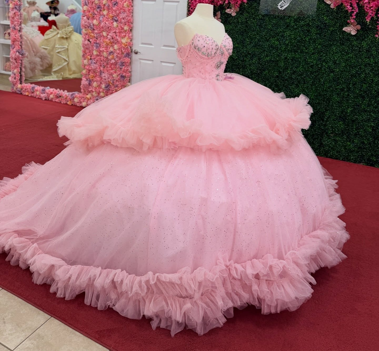 Off Shoulder Pink Tulle Ruffled Quinceanera Dresses Princess Sweet 15 Party Gown HE1558