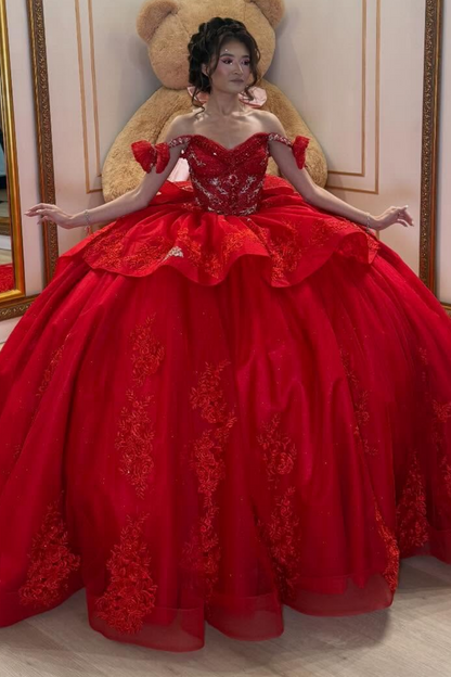 Lace Appliqued Beaded Princess Sweet 15 Red Quinceanera Dresses for Birthday HE1577