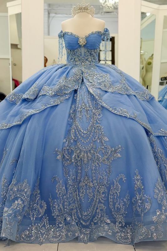 Ball Gown Princess Lace Crystal Beaded Blue Quinceanera Dresses with Ruffled HE1571