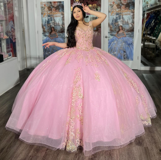 Princess Ball Gown Pink Lace Appliqued Tulle Quinceanera Dresses for Sweet 15 HE1562