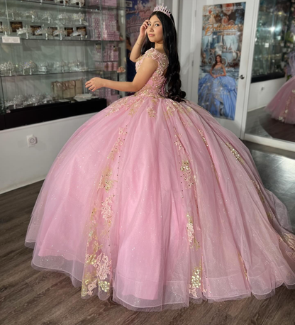 Princess Ball Gown Pink Lace Appliqued Tulle Quinceanera Dresses for Sweet 15 HE1562