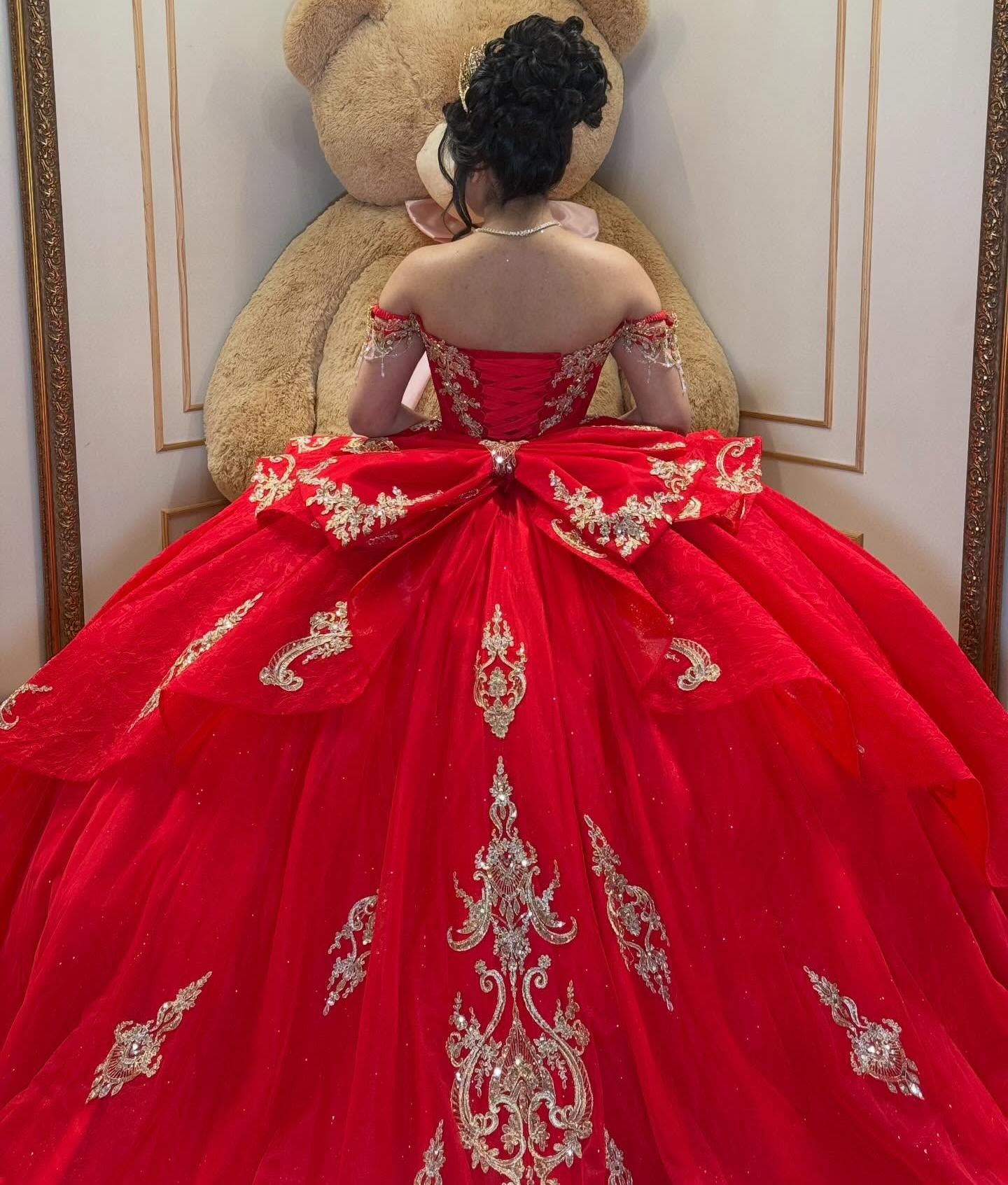 Lace Appliqued Beaded Off Shoulder Red Quinceanera Dresses for Sweet 16 HE1578