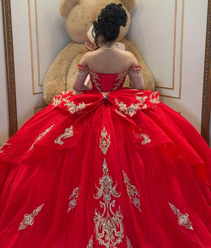 Lace Appliqued Beaded Off Shoulder Red Quinceanera Dresses for Sweet 16 HE1578