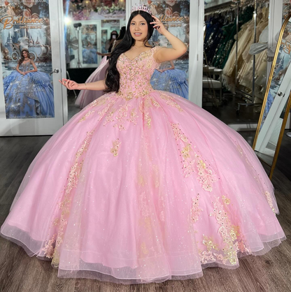 Princess Ball Gown Pink Lace Appliqued Tulle Quinceanera Dresses for Sweet 15 HE1562