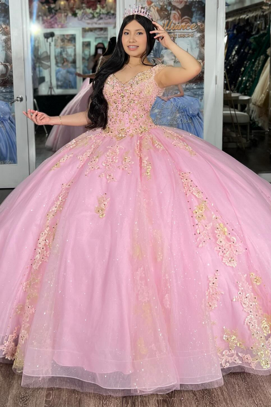 Princess Ball Gown Pink Lace Appliqued Tulle Quinceanera Dresses for Sweet 15 HE1562