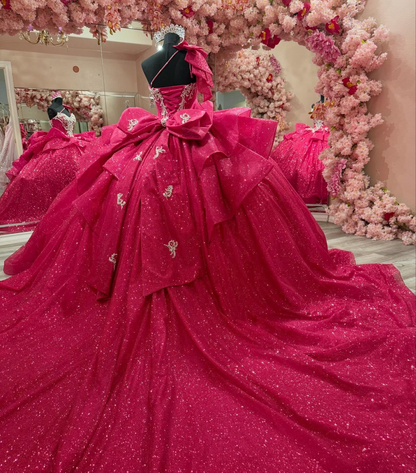 Glittery Tulle Crystal Beaded Fuchisa Quinceanera Dresses Sweet 16 Birthday Gowns HE1574
