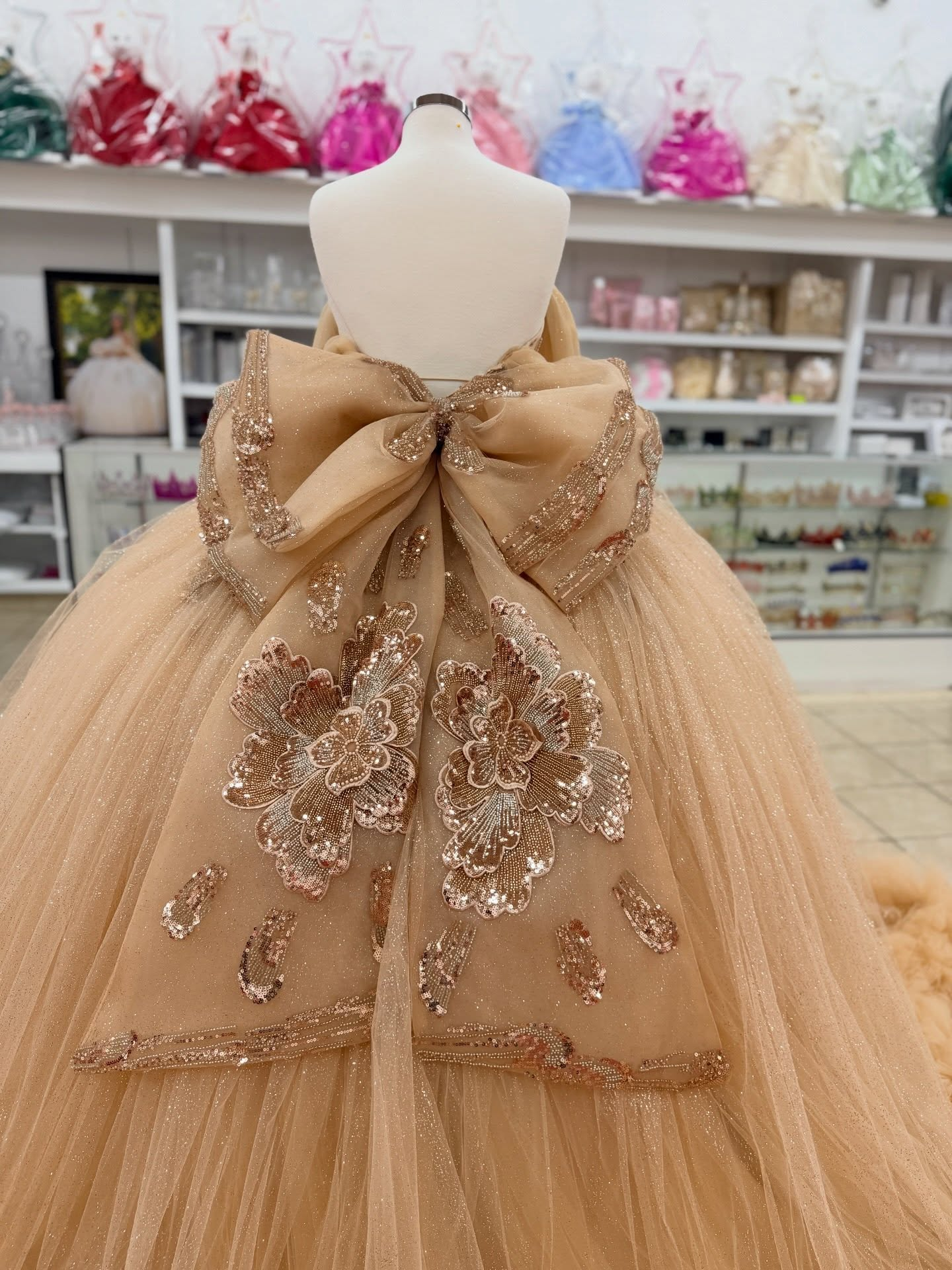 Glittery Tulle Lace Appliqued Champagne Quinceanera Dresses Sweet 16 Party Gown HE1556