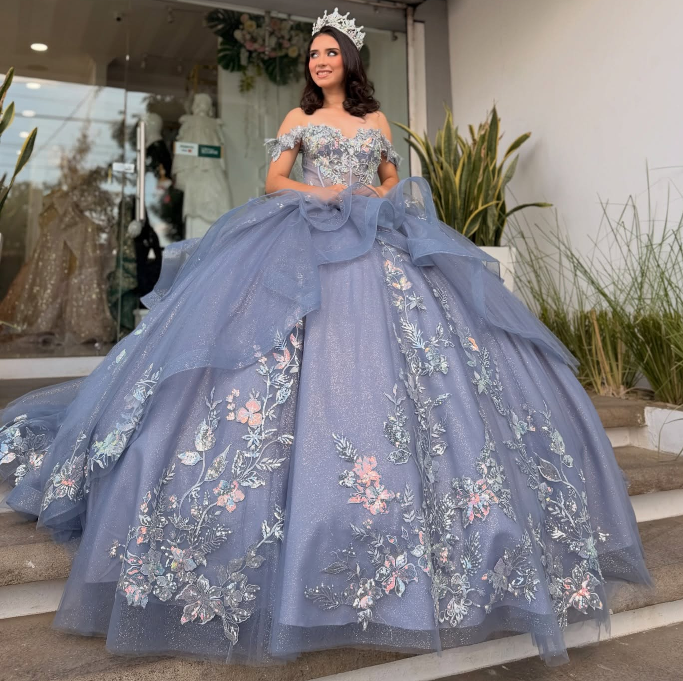 Off Shoulder Lace Appliqued Tulle Ruffled Dusty Blue Quinceanera Dress for Sweet 15 HE1605