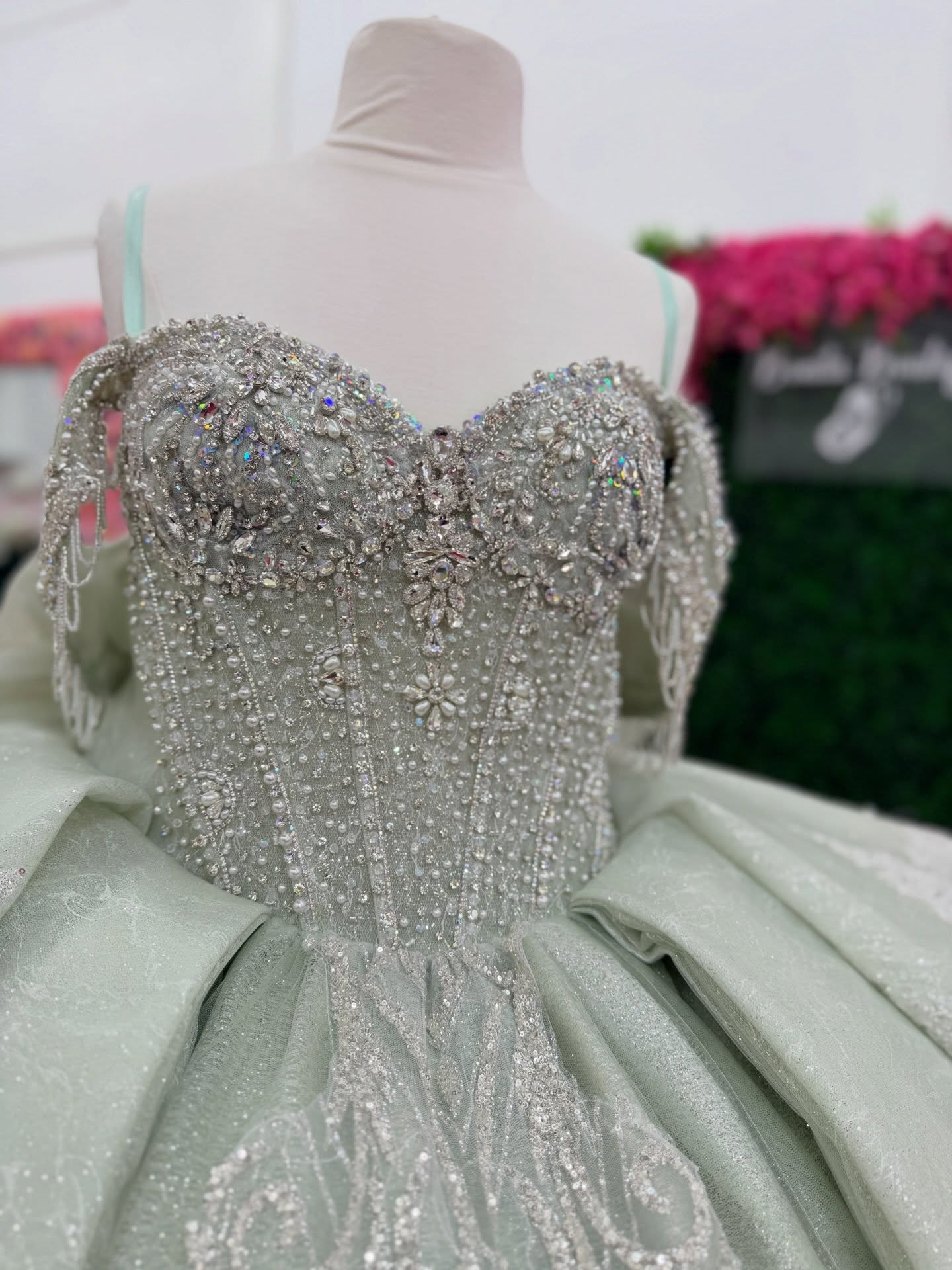 Off Shoulder Tulle Ruffled Lace Beaded Sweet 16 Green Quinceanera Dresses HE1564