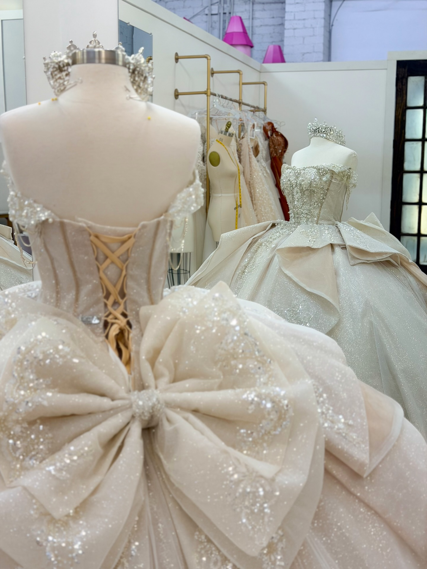 Glittery Tulle Crystal Beaded Off Shoulder Champagne Sweet 15 Quinceanera Dresses HE1569