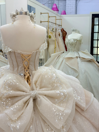 Glittery Tulle Crystal Beaded Off Shoulder Champagne Sweet 15 Quinceanera Dresses HE1569