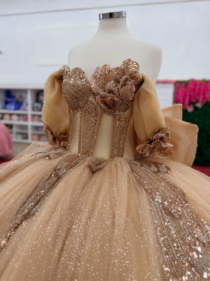 Glittery Tulle Lace Appliqued Champagne Quinceanera Dresses Sweet 16 Party Gown HE1556