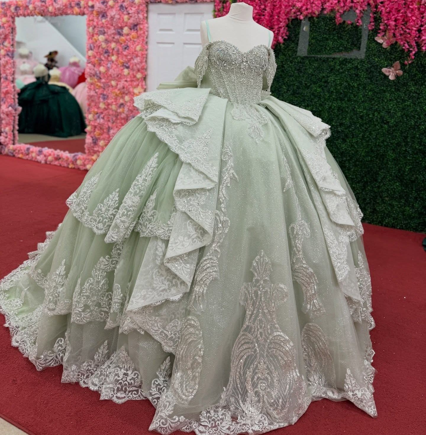 Off Shoulder Tulle Ruffled Lace Beaded Sweet 16 Green Quinceanera Dresses HE1564
