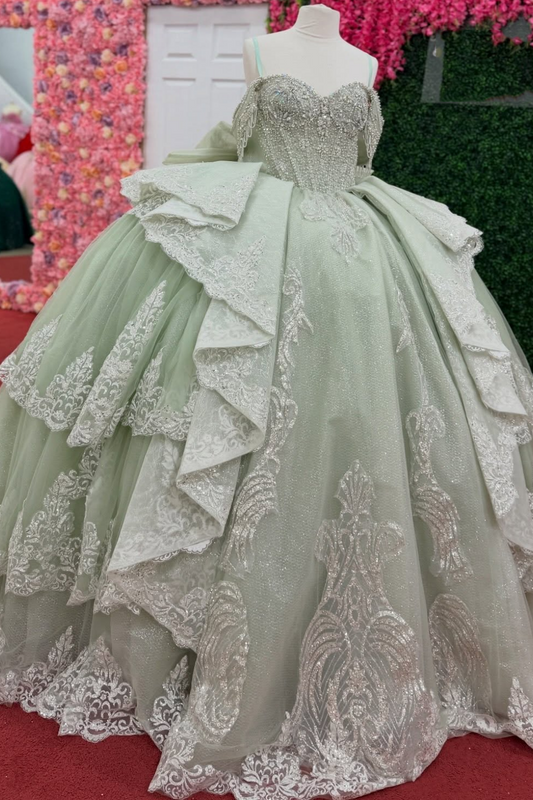Off Shoulder Tulle Ruffled Lace Beaded Sweet 16 Green Quinceanera Dresses HE1564