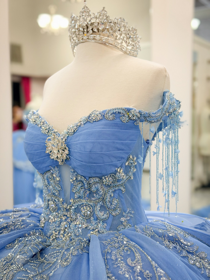 Ball Gown Princess Lace Crystal Beaded Blue Quinceanera Dresses with Ruffled HE1571